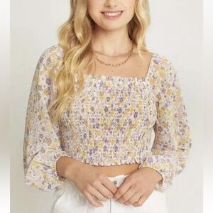 Love tree Smocked Floral Puff Long Sleeve Crop Top Square Neck Lightweight